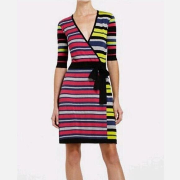 BCBG MAXAZRIA Elia Surplice Faux Wrap Fine Knit Stripe V-Neck Dress Sz S - Picture 1 of 16
